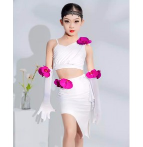 Girls kids white with pink flowers latin dance dresses salsa rumba chacha ballroom dance costumes irregular skirts for children